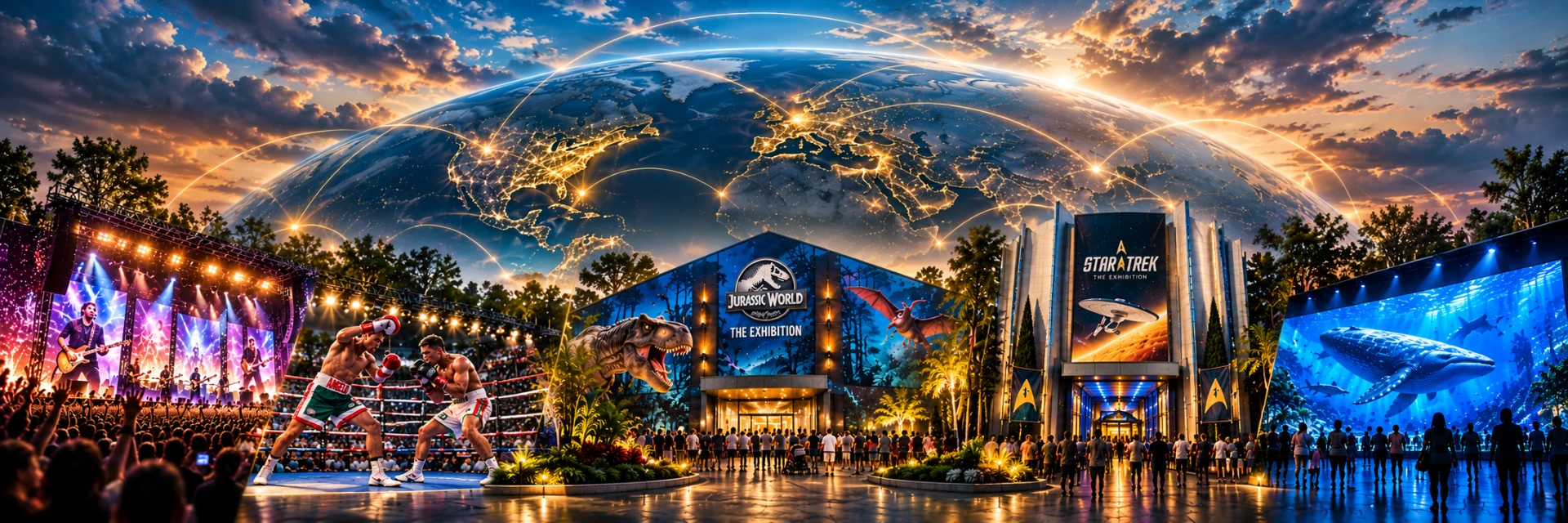 A glowing Earth with golden connections arching over live concerts, boxing, Jurassic World and Star Trek exhibitions, and an immersive ocean experience