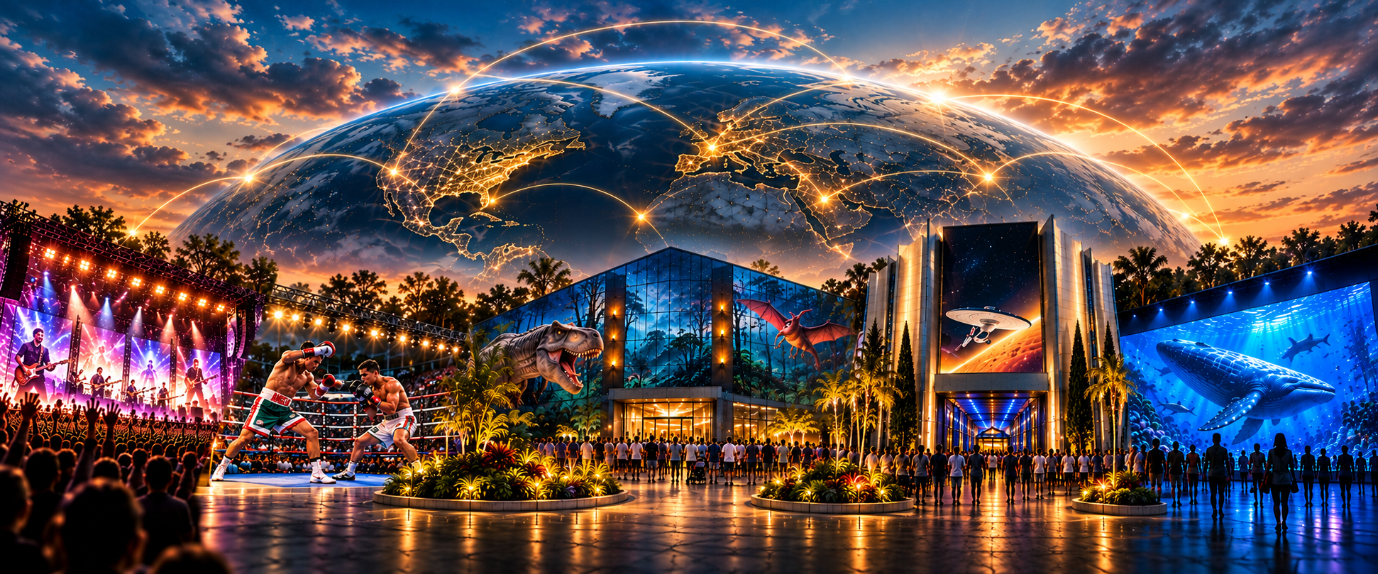 A glowing Earth at dusk arching over a concert, a boxing match, dinosaur and space exhibitions, and a giant ocean aquarium